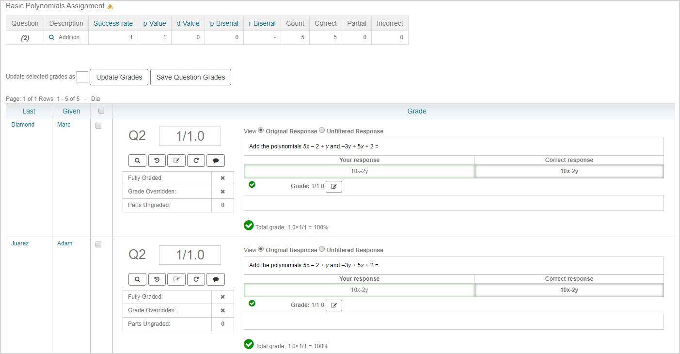The item statistics and student responses are displayed in two separate table for the question.